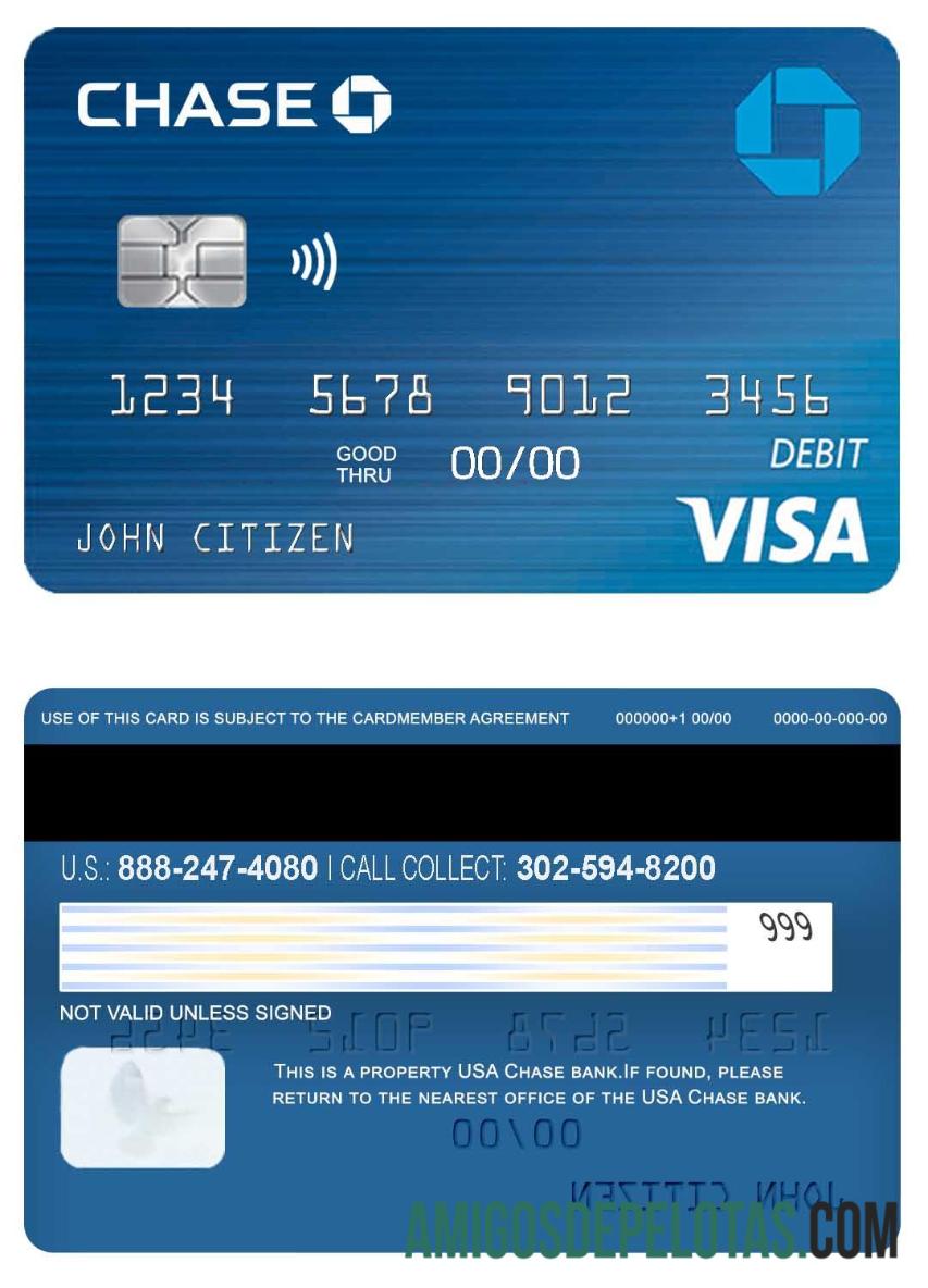 Cartão de débito Visa 2 do Chase Bank dos EUA exemplo